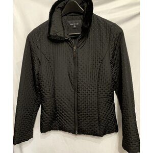Jones New York Black Quilted Jacket Stand Up Faux Collar Zip Small